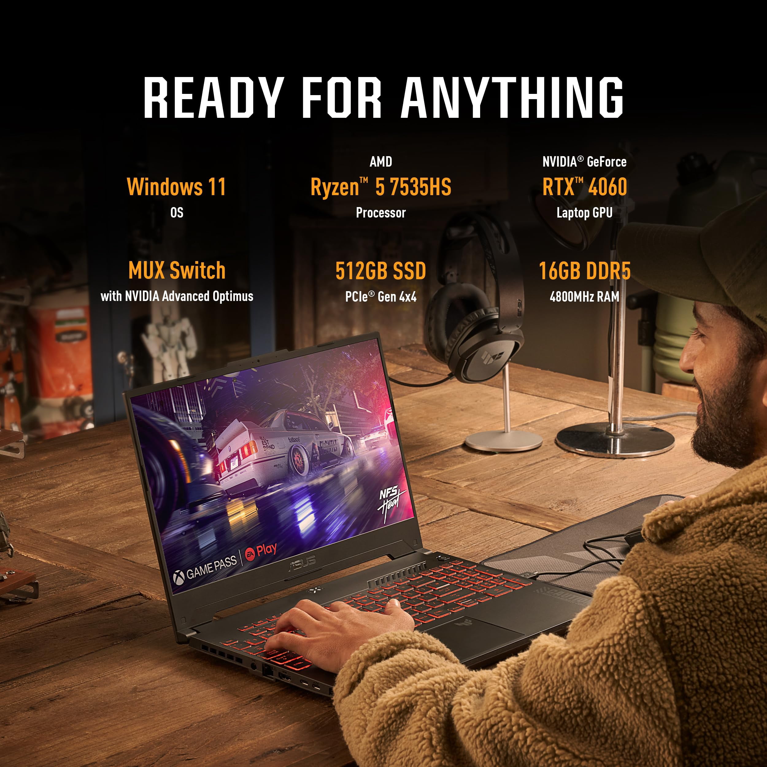 ASUS TUF Gaming A15 Gaming Laptop, 15.6" FHD 144Hz, 100% sRGB Display, GeForce RTX 4060, AMD Ryzen 5 7535HS, 16GB DDR5, 512GB PCIe SSD, Wi-Fi 6, Windows 11, FA507NV-EH53