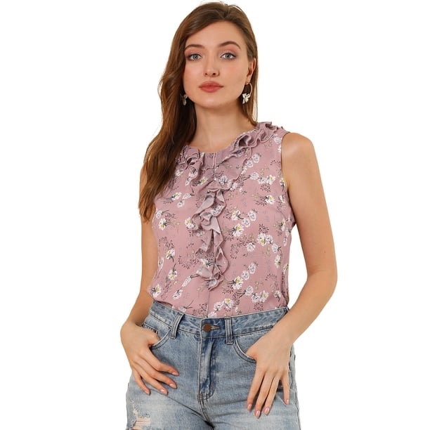 Blusa floral sin Mangas de Gasa con Cuello Redondo y volantes Allegra K Rosa XS