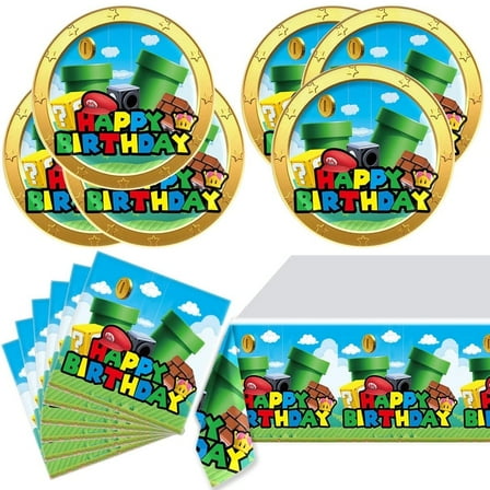 Mario Party Tableware, 20 Plates and 20 Napkins and Tablecloth71 '' x 42 ''Super Bros Birthday Party Decorate Supplies