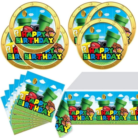 Mario Party Tableware, 20 Plates and 20 Napkins and Tablecloth71 '' x 42 ''Super Bros Birthday Party Decorate Supplies