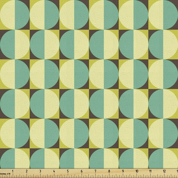 Geometric Fabric by the Yard, Dichromatic Circles and Squares Composition, Decorative Upholstery Fabric for Sofas and Home Accents, Cream Seafoam by Ambesonne