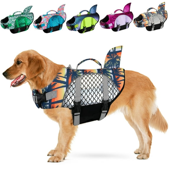 AUTOWT Dog Life Jacket, Shark-Shaped Pet Life Vest Preserver High Buoyancy and Tear-Resistant Handle