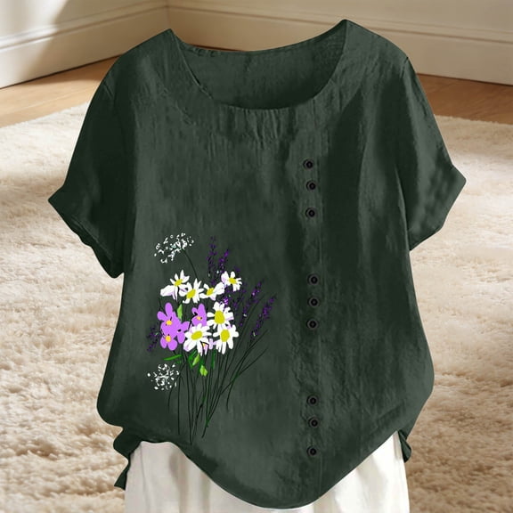 ClodeEU Women's Floral Print Short Sleeve T-Shirt, Casual Crew Neck Loose Fit Blouse Army Green,Women's Plus L