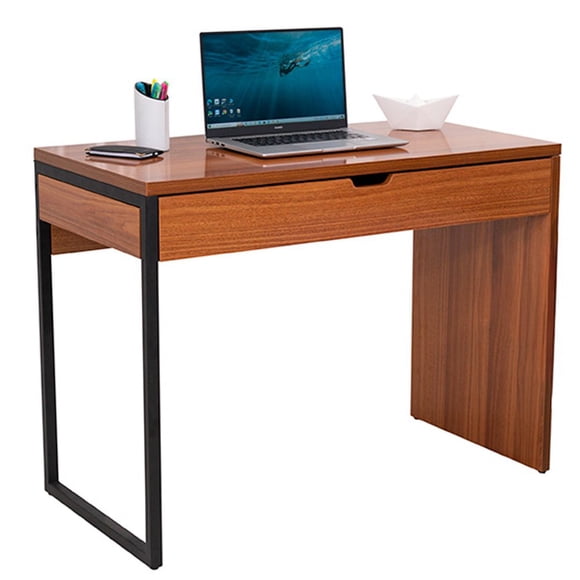 Escritorio Minimalista de Madera | Color Nogal | para Oficina, Hogar y Recámara | Equipado con Estantes de Almacenamiento | Mayor Durabilidad | Contemporáneo y Moderno