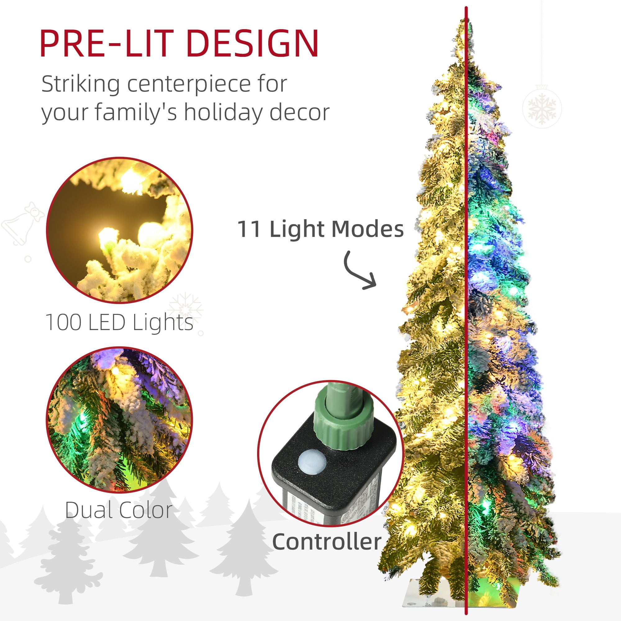 4 ft Artificial Slim Christmas Tree with Snow Frosted Branches, Pre-Lit LED Lights, Downswept Pencil Shape for Small Rooms and Entryways