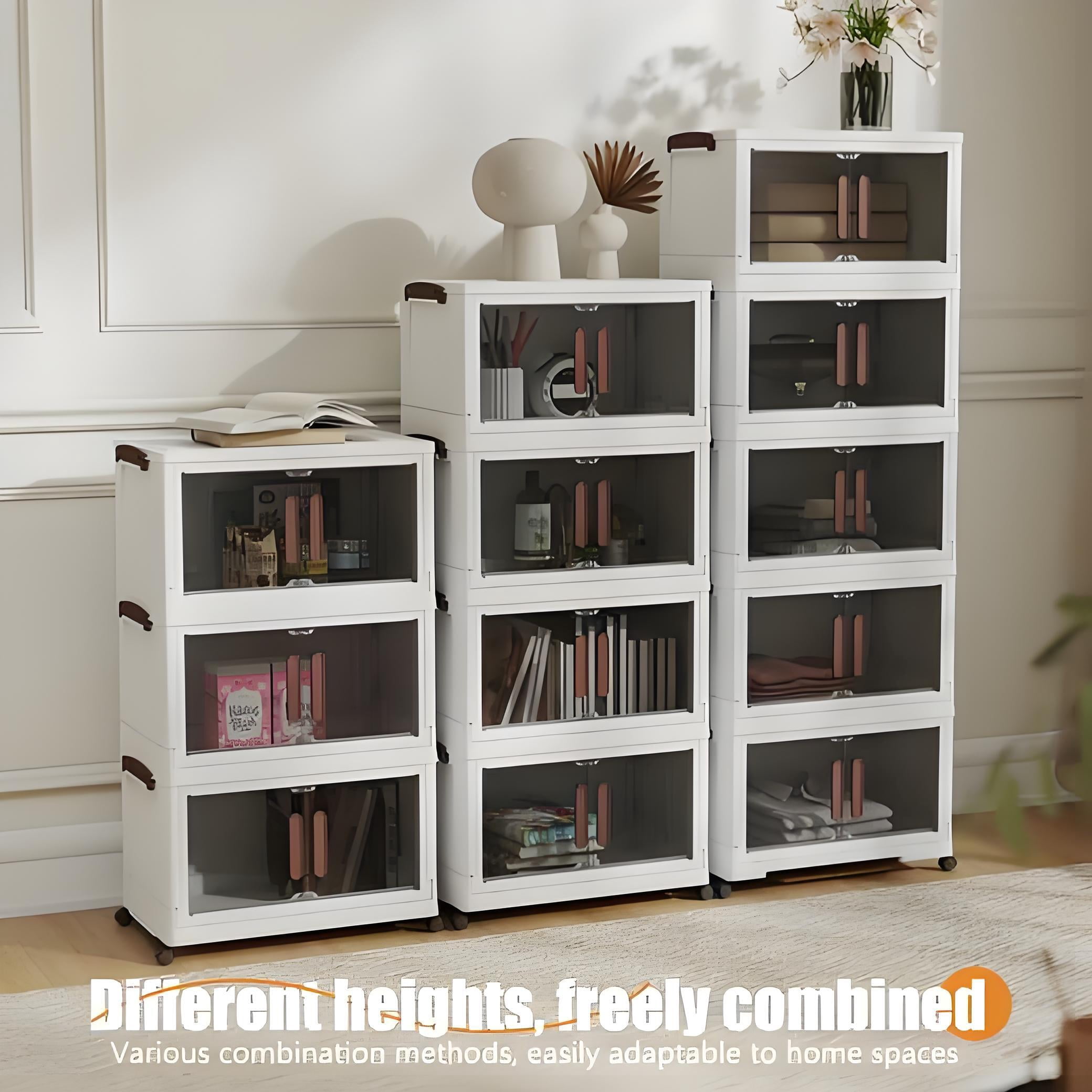 Howcool 4 Tier Stackable Storage Bins with Lids and Wheels, Foldable Storage Boxes with Rolling Casters, Closet, Living Room, Home Office