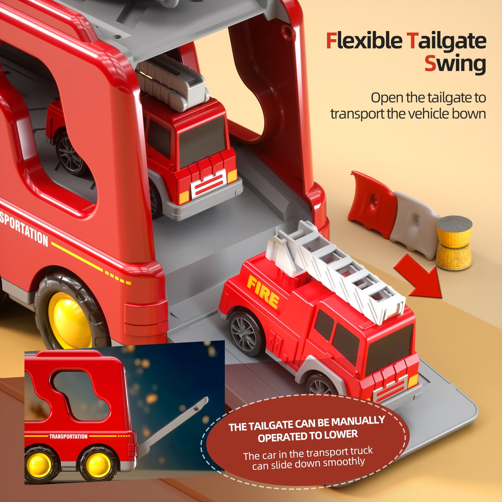 Lucky Doug Fire Truck Car Set for Toddlers Ages 1-3-5, 5 in 1 Carrier Truck Toys with Light & Sound, Toddlers Boys Toys Ages 2 3-5 as Birthday Gift