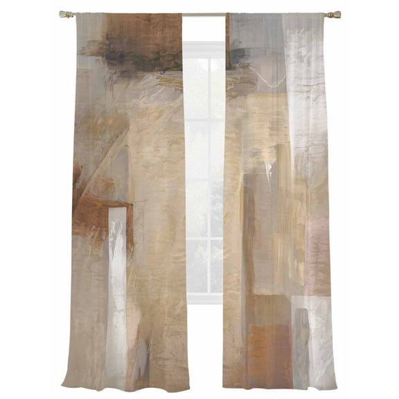 Brown Painting Sheer Curtains 96 Inch Length 2 Panels Set, Semi Transparent Voile Rod Pocket Curtains for Living Dining Room Bedroom Drapes Modern Abstract Retro Art Aesthetics