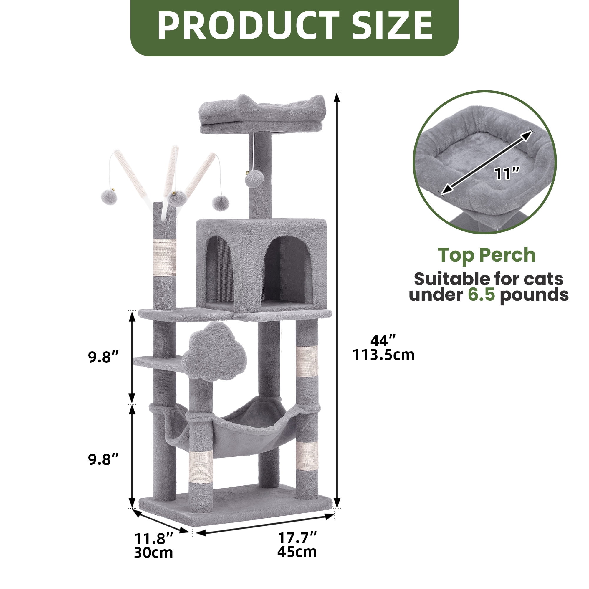 Uforic 44" Cat Tree Tower with Scratch Posts, Condo, Hammock & Toys, Light Gray