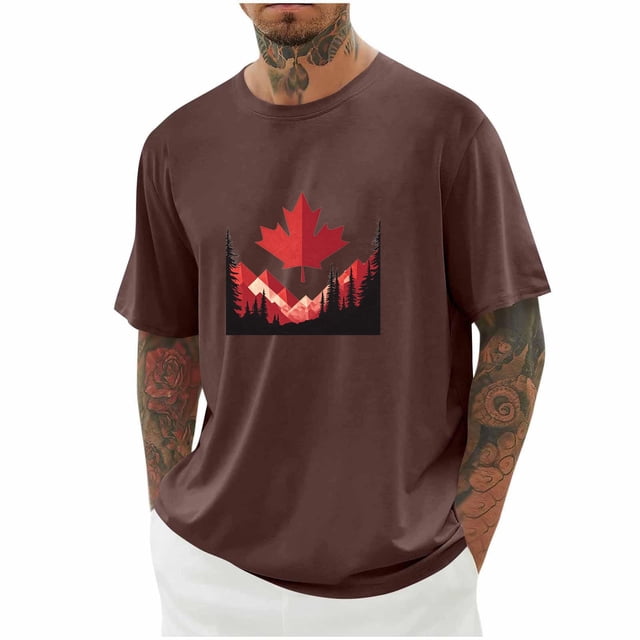 Weiqiqre T-Shirts pour Homme Drapeau Canadien Col Ras du Cou Chandail Doux Manches Courtes Col Rond Blouses Chemises