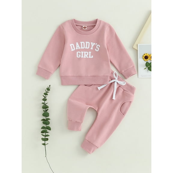 Baby Girls 2-piece Outfit, Letters Print Long Sleeve Crew Neck Sweatshirt with Elastic Waist Sweatpants Fall Clothes