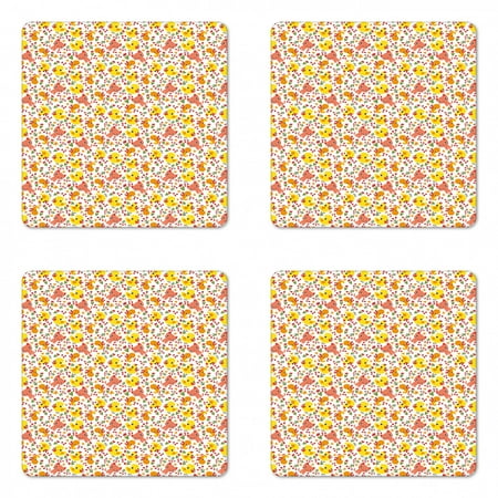 

Animal Coaster Set of 4 Children with Kitties Birds Baby Chickens Flowers Berries Spring Cartoon Square Hardboard Gloss Coasters Standard Size Multicolor by Ambesonne