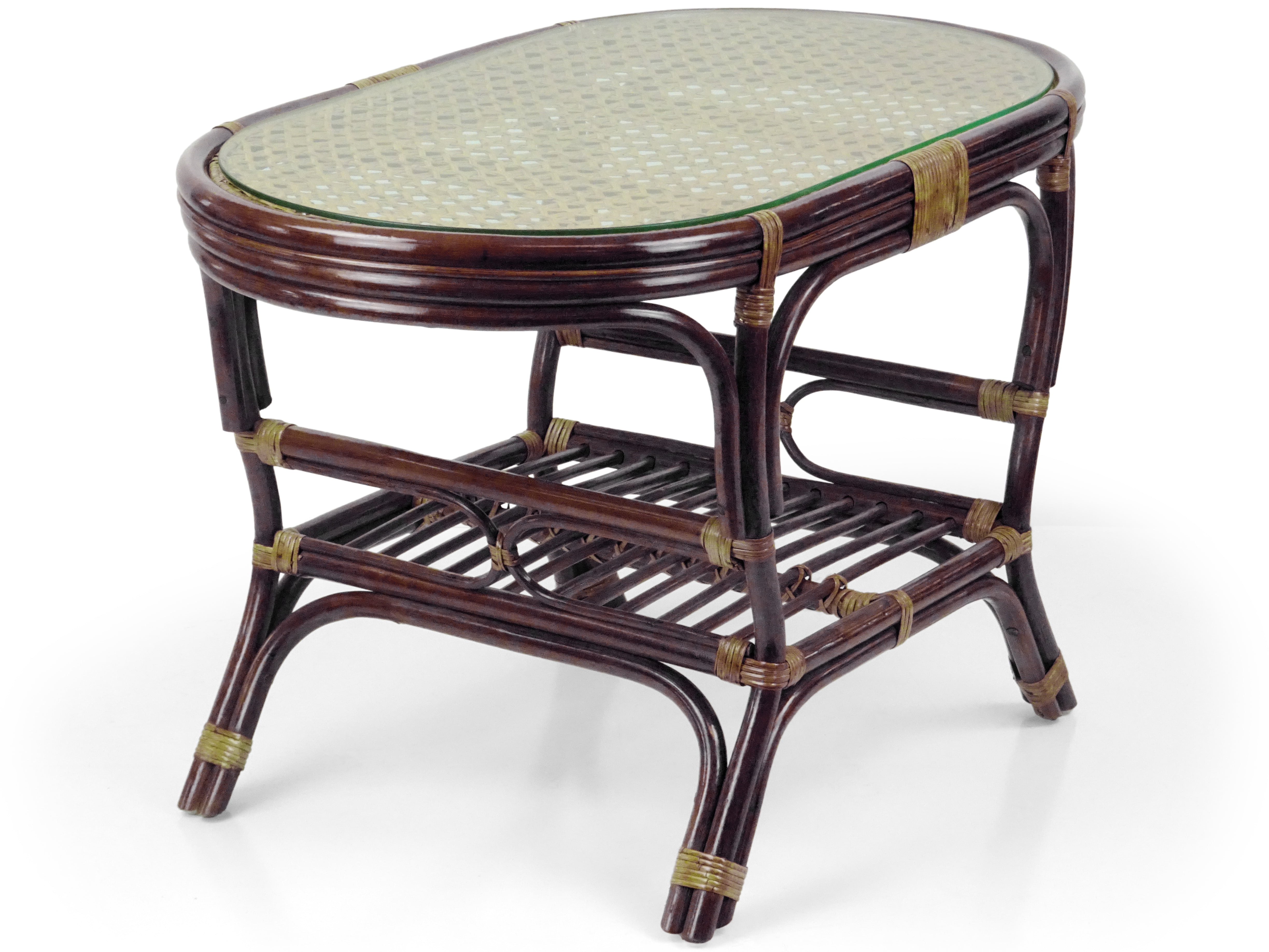 SK New Interiors Pelangi Oval Coffee Table Natural Rattan Wicker ECO Handmade Design w/ Glass Top, Dark Brown