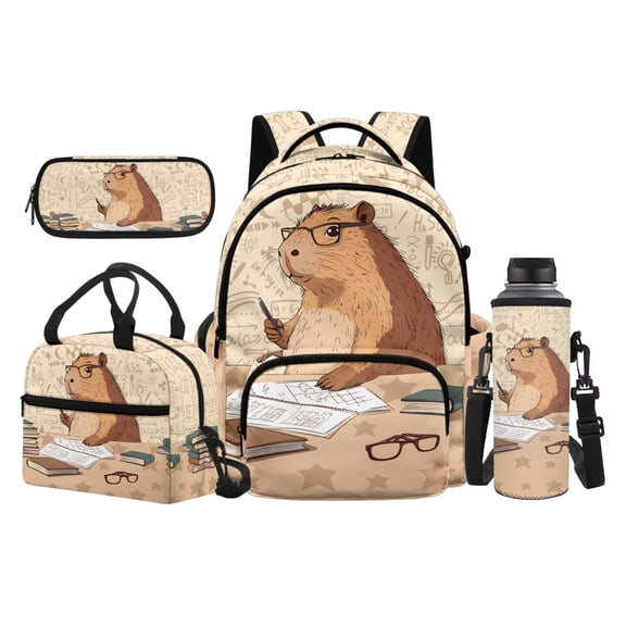 Garronmavis Vintage Beige Math Formula Glasses Reading Capybara Kids Backpack Pack, 17 Inch Bookworm Spacious Bookbag Comes with Thermal Lunch Box, Stationery Bag and Water Bottle Carrier