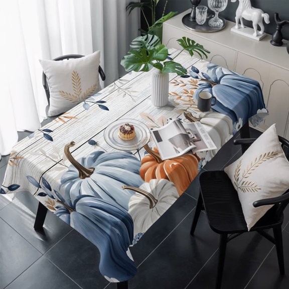 Blue Pumpkins Fall Table Cloth Waterproof Tablecloths, Thanksgiving Eucalyptus Leaves Wooden Tablecloth Dining Table Cover for Kitchen Party Tabletop Outdoor, Rectangle Tablecloth 60x120 Inch