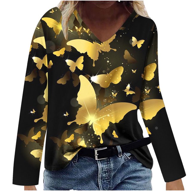 Blusa de camiseta estampada de manga larga cómoda con cuello en V informal a la moda para mujer Pompotops FGAJ7415