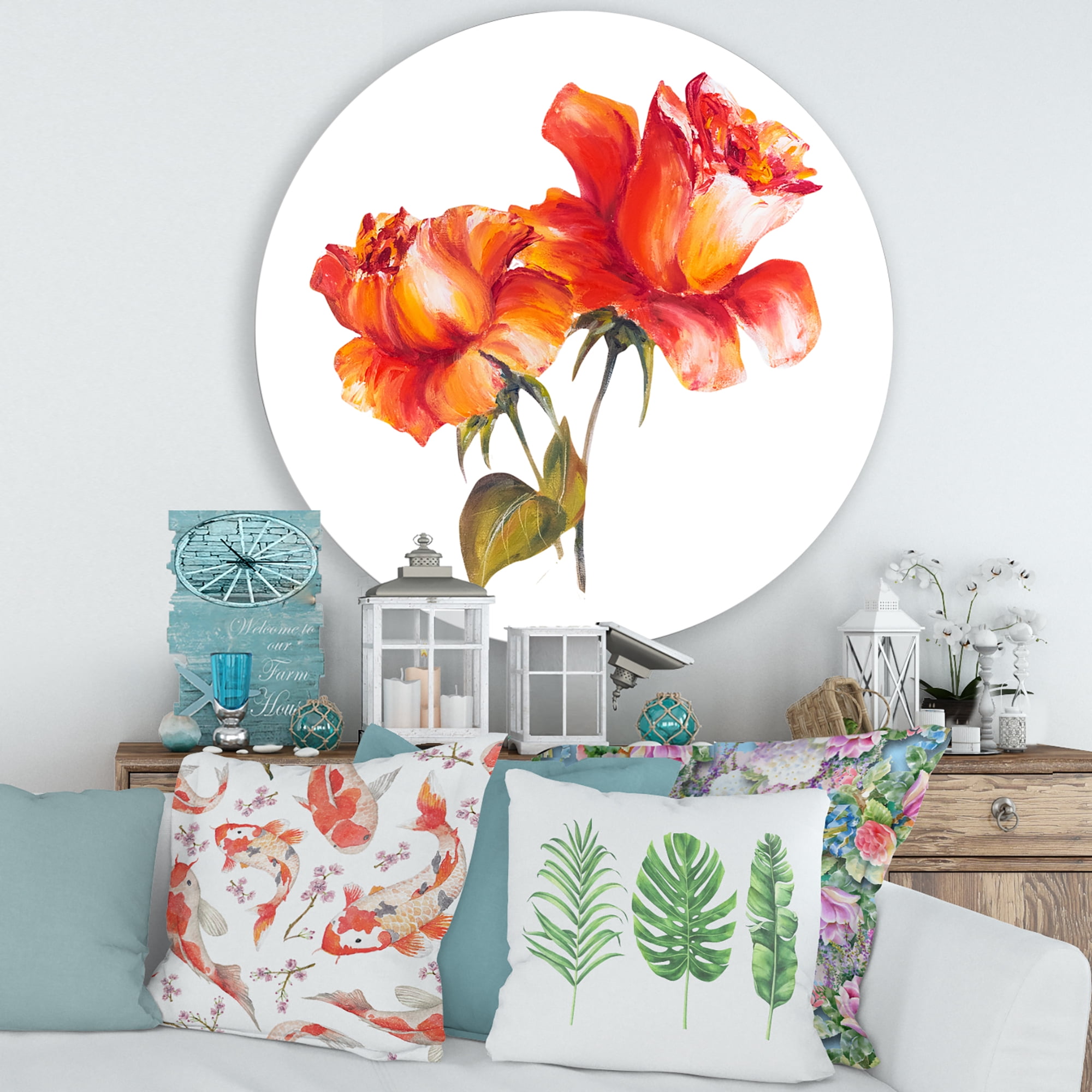Designart 'Two Blossoming Red Roses On White' Traditional Circle Metal Wall Art 36x36 - Disc of 36