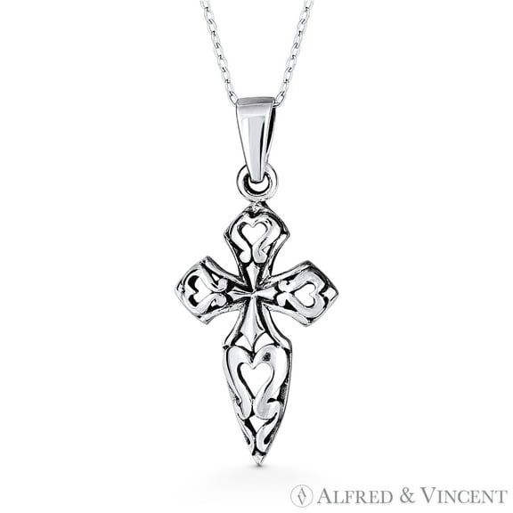 Medieval Cross Christian Charm Pendant & Chain Necklace in Oxidized .925 Sterling Silver