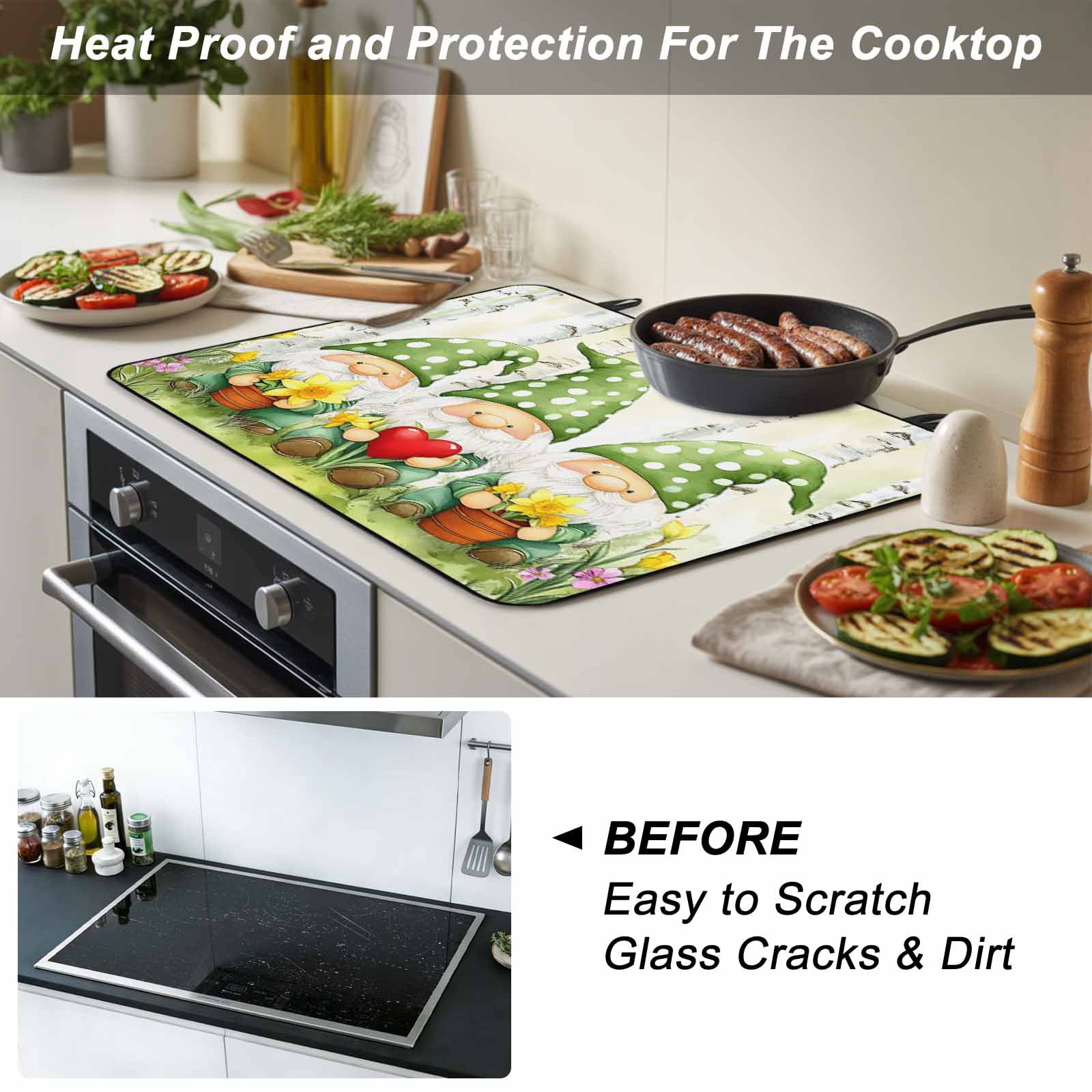 Cute Green Gnomes Stove Top Cover for Electric Stove, Heat-proof & Non Slip Glass Top Stove Cover Protector, Flowers Forest Heart Vintage Kitchen Flat Cooktop Rubber Mat 24x21 Inches