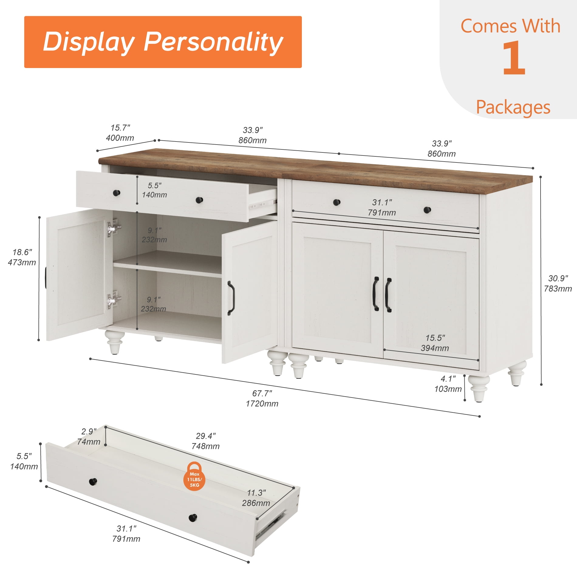 Buffet Cabinet with 4 Doors and 2 Drawers, Large Kitchen Storage Cabinets Wood Coffee Bar Tables with Adjustable Shelf, Modern Farmhouse Sideboard for Dining Room, Living Room, Off White, 68 inch