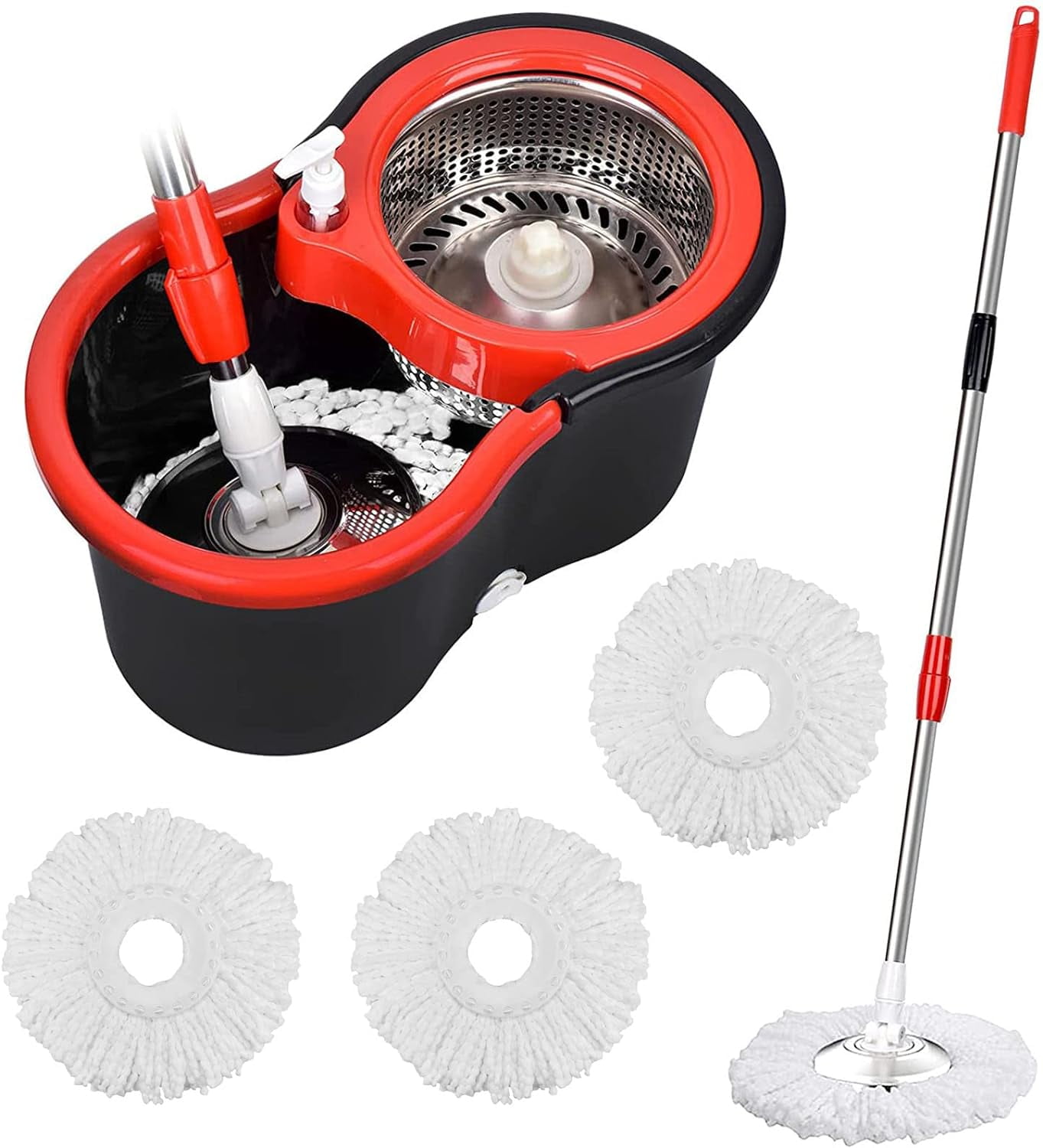 Spin Mop and Bucket with Wringer Set, 360 Spinning Mop Bucket System with 3 Microfiber Mop Replacement Heads and 61" Stainless Steel Adjustable Handle for Floor Cleaning (20QT)