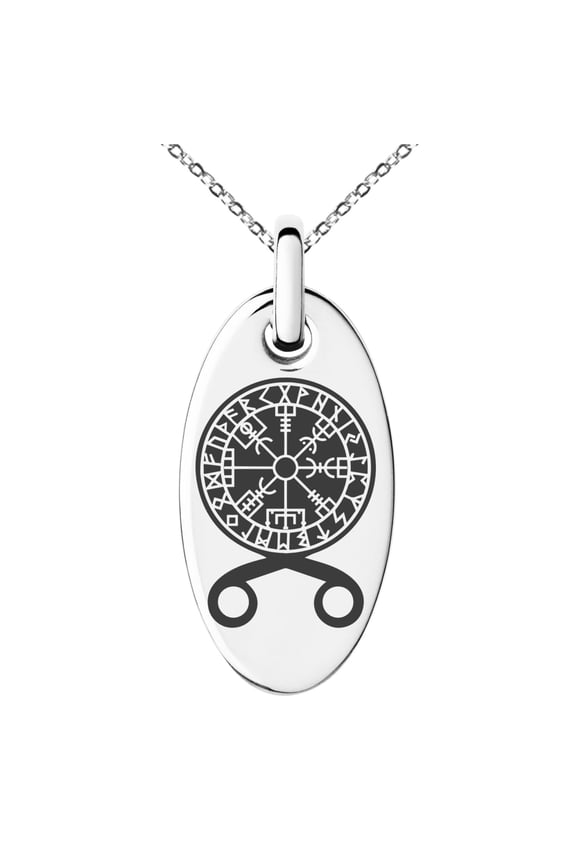 Stainless Steel Binding Vegvisir Troll Cross Runic Viking Engraved Small Oval Charm Pendant Necklace