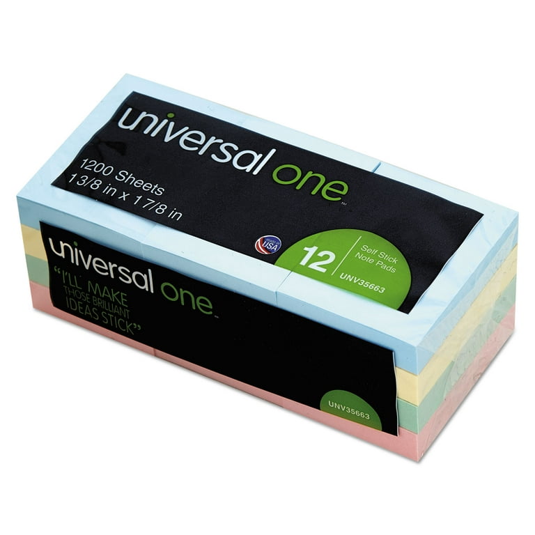 Universal 35663 Self-Stick Notes 1-1/2 x 2 Four Pastel Colors 12 100-Sheet  Pads/Pck 