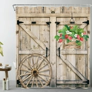 HVEST Farmhouse Barn Door Shower Curtain for Bathroom,Red Strawberry and Green Plant Floral on Rustic Vintage Wood Fabric Shower Curtain with Hooks,Western Bathroom Curtain Shower Set, 72x78 inches