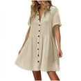 thumbnail image 2 of ITSAME Women's Shirt Dress, Cotton Short Sleeve Buttons Collar Casual Loose Pleated Flare Dresses Beige L, 2 of 9