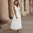 thumbnail image 3 of 2026 Summer New Women's Burgundy Sleeveless Pleated Midi Dress, V Neck Wrap Self Tie Waist Ruffle Shoulder Chiffon Formal Gown, 3 of 6