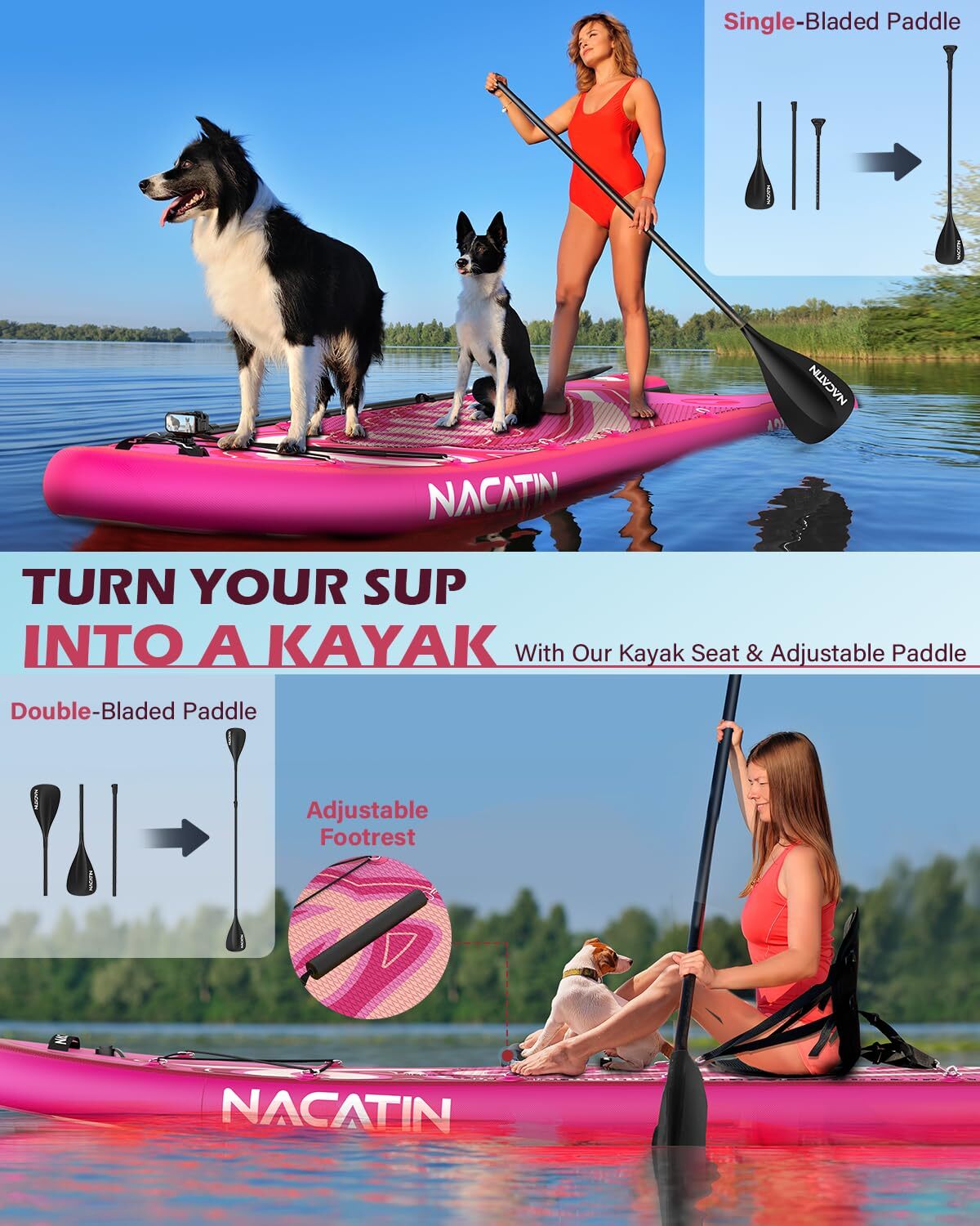 NACATIN Inflatable Dog Paddle Board 2-in-1 Dog SUP with Built-In Ramp & Kayak Seat