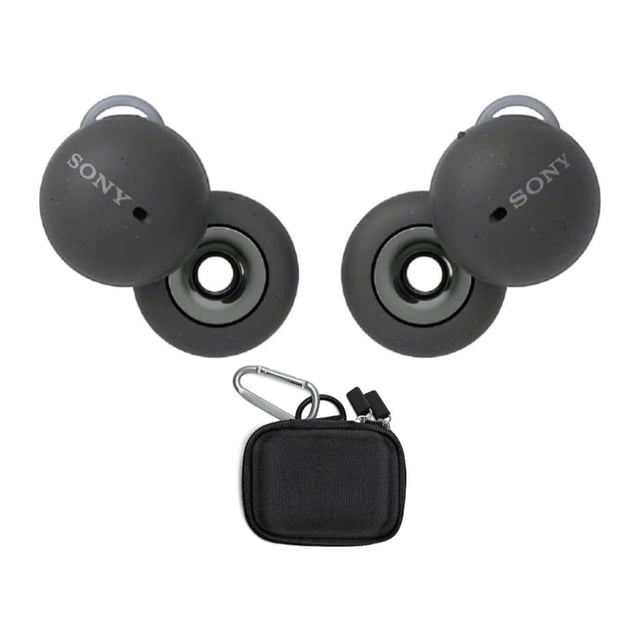 auriculares verdaderamente inalámbricos sony linkbuds (gris oscuro) con funda, vista frontal centrada de los earbuds grises oscuros con diseño de anillo abierto y logo SONY visible, orificios de micrófono y superficie mate, más funda rígida de viaje EVA negra con cierre y mosquetón; adecuados para uso diario, control por voz y carga rápida según especificaciones.