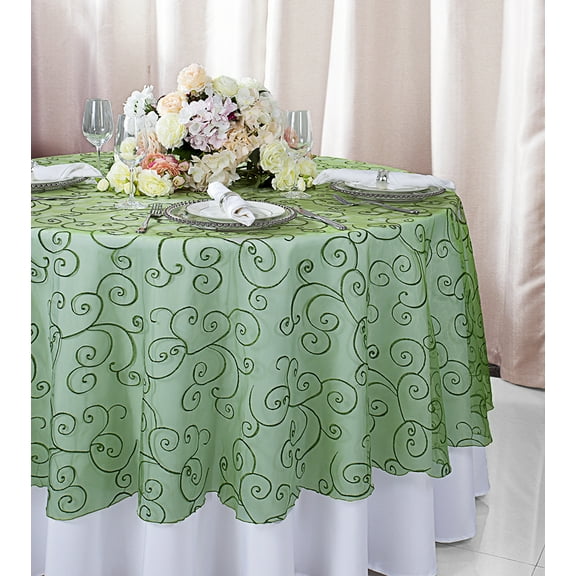 Wedding Linens Inc. 108" Round Seamless Embroidered Organza Table Overlay Tablecloth - Clover Green