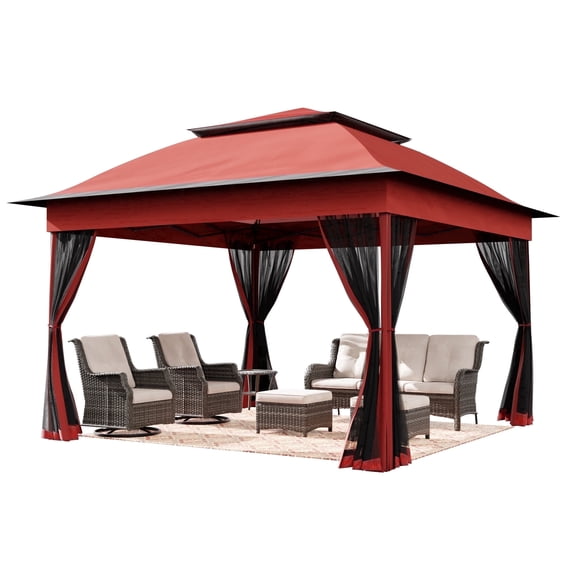 Meetleisure 11'x11' Pop Up Gazebo for Patios, Outdoor Canopy Tent with Sidewalls, Mosquito Netting, Pop Up Shelter for Wedding Party, Red