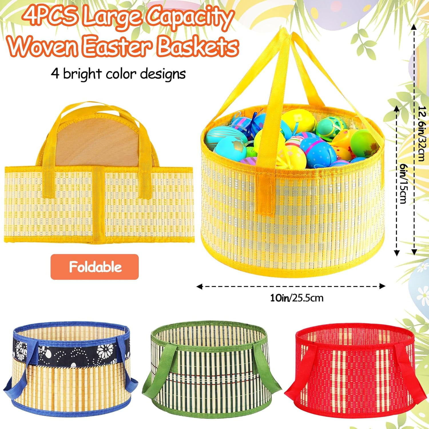 Foldable Easter Woven Bamboo Baskets Empty, 4 Pcs Easter Basket Bulk Set with Handle, Large Easter Baskets for Easter Egg Hunt Party Favor Picnic Supplies Gift Packing - Red Yellow Green Blue