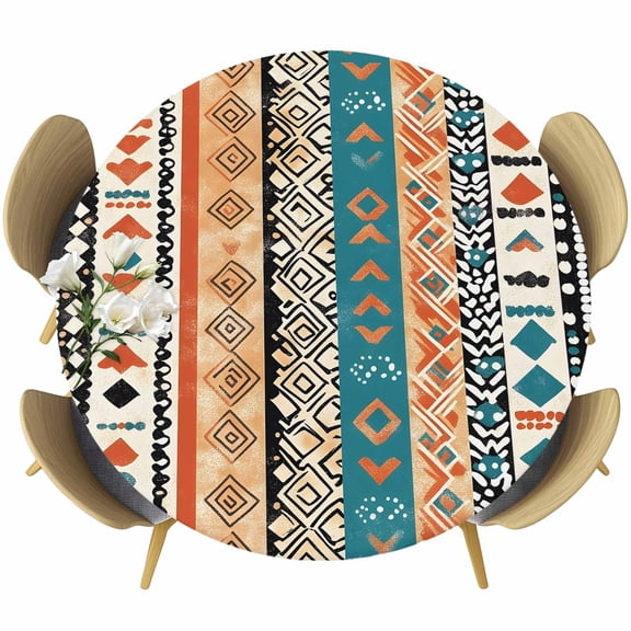 Bohemian Patterns Round Fitted Table Cover Coloed Seamless Stitching Waterproof Table Cloth with Elastic Edge Wipeable Tablecloth for Picnic Camping Party Fits 45"-54" Diameter