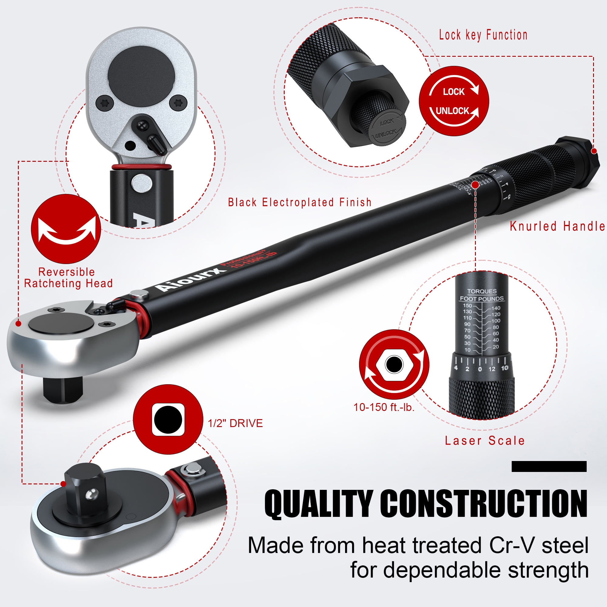 1/2 Inch Drive Click Torque Wrench Set 8-168 ft.-lb.