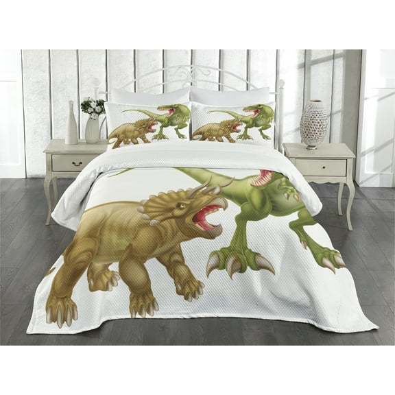 Ambesonne Dinosaur Quilted Bedspread Set 3 Pcs, 2 Dinosaurs Pattern, Queen Size, Green Pink Pale Brown