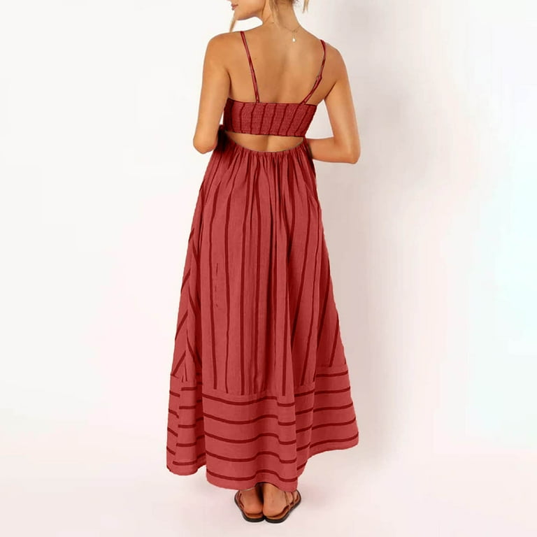 sachin and babi light blue dress vigerkar Women Striped Maxi Dress Sleeveless Backless Cutout Smocked  Sundress Spaghetti Straps Boho Flowy Dresses Red, XL