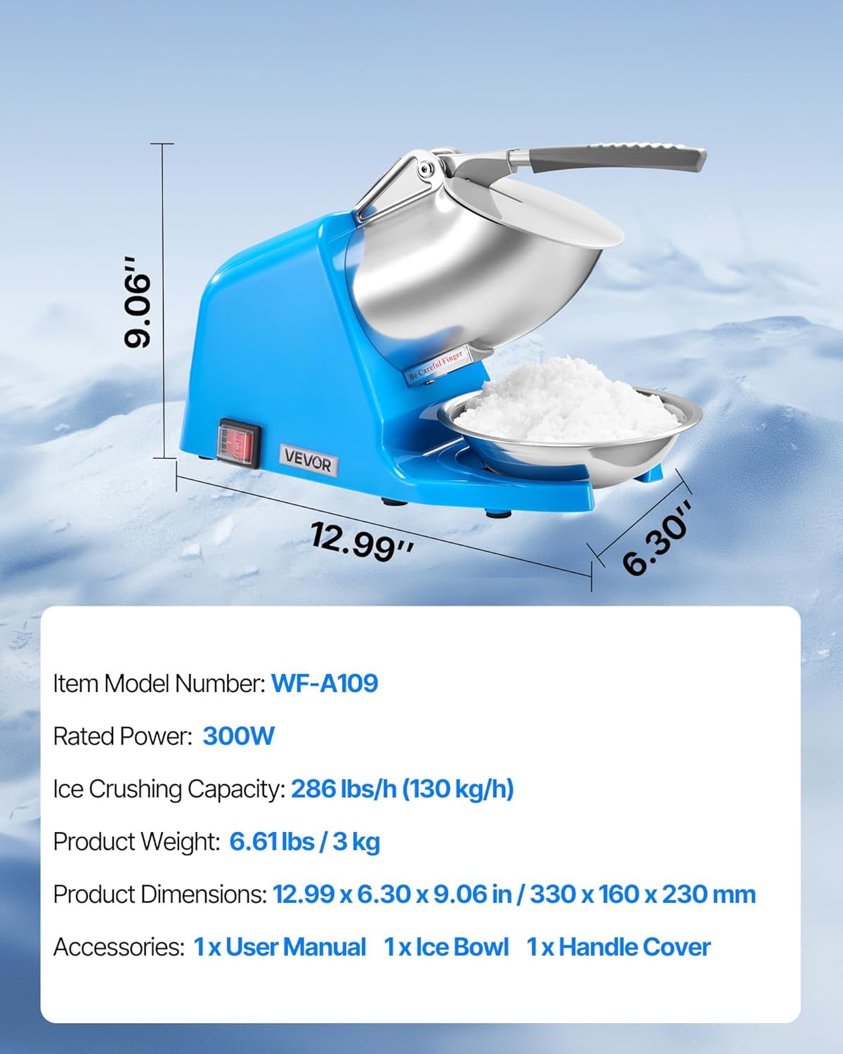 Ice Crusher , 286lbs Per Hour Electric 4 Blades Snow Cone Maker, Stainless Steel Shaved Ice  with Bowl and Cover, 300W 2000RPM Ice-Shaver for Home and Commercial Use, Blue