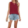 thumbnail image 3 of Women's Sleeveless Tank Tops Summer Pleated Loose Fit Top for Women Casual Round Neck Shirts Wine Red L, 3 of 10