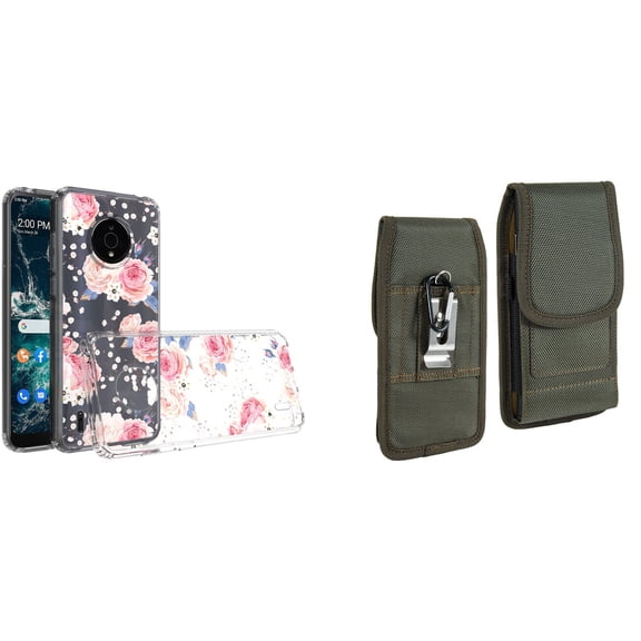 Case and Pouch Bundle for Nokia C200: Slim Series TPU Protector Case (Vintage Pink Floral) and Vertical Rugged Nylon Belt Holster (Midnight Green)