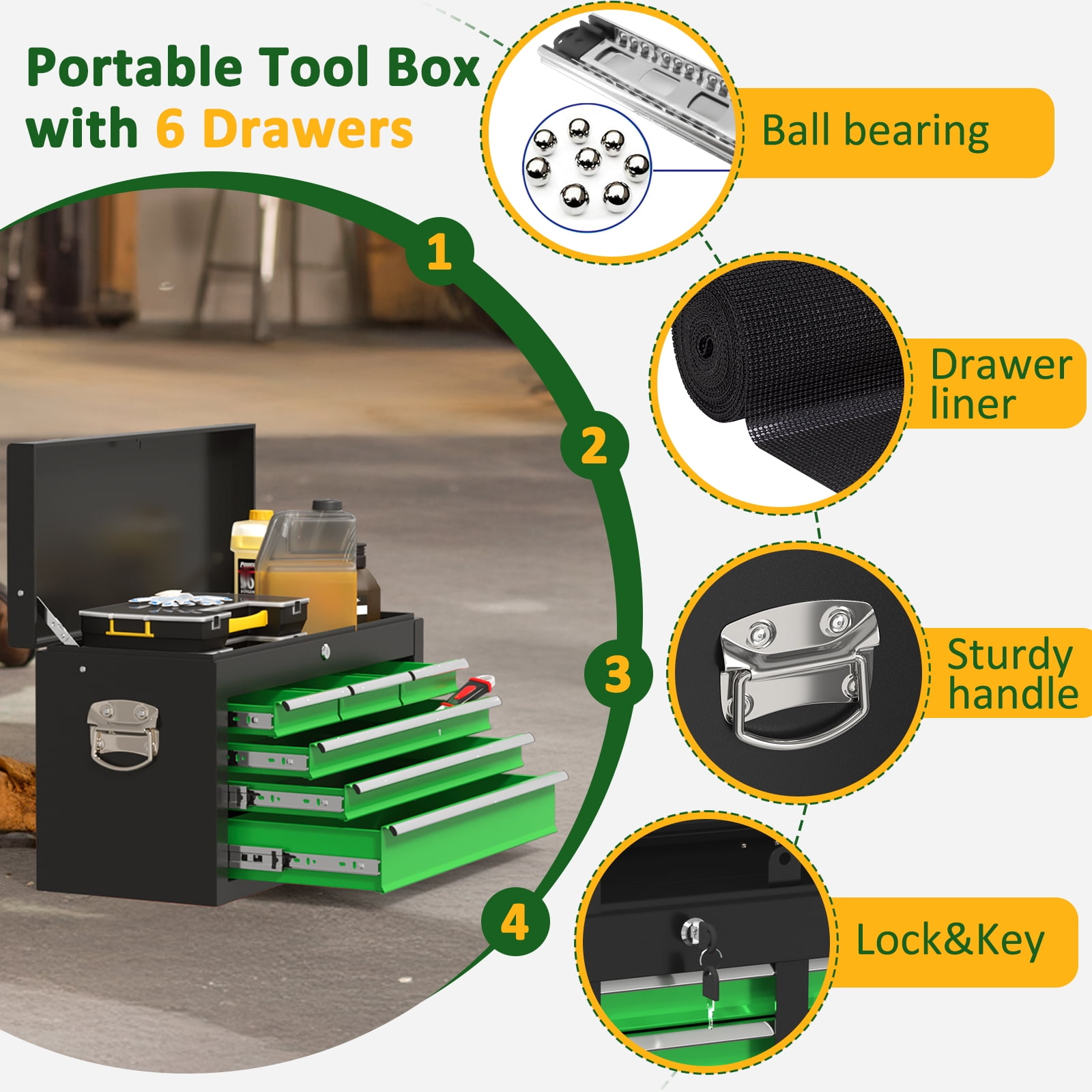 Odaof, 54 lb, 24.4" 8-Drawer Detachable Toolbox with LockGreen and Black