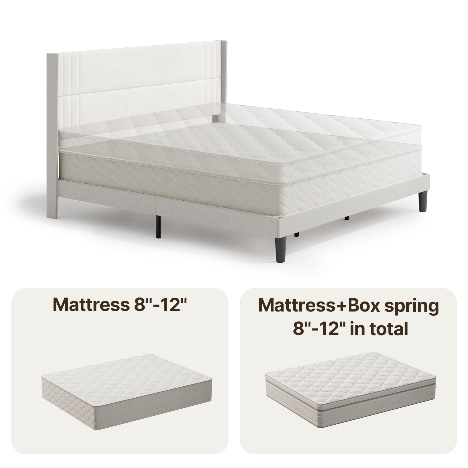 King Platform Bed Frame with Wingback Headboard, Wood Slat Support, Noise-Free, No Box Spring Needed, 850 lbs, White