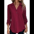 thumbnail image 1 of Blusas de Larga con Cuello en V y Botones para Mujer, Camisas Holgadas de Color Liso para y Otoño. Vino Tinto L, 1 of 7