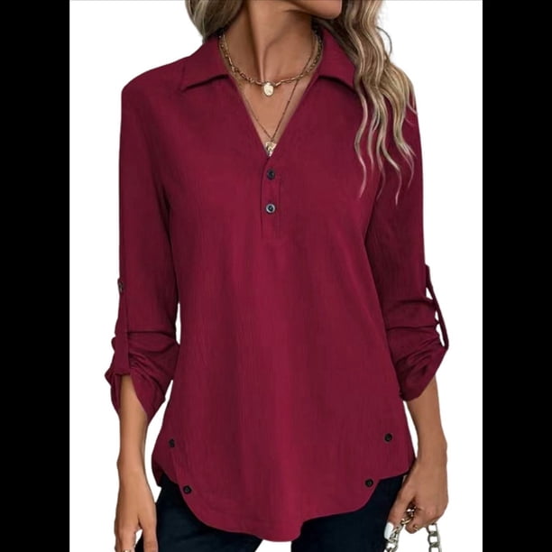 Blusas de Larga con Cuello en V y Botones para Mujer, Camisas Holgadas de Color Liso para y Otoño. Vino Tinto M