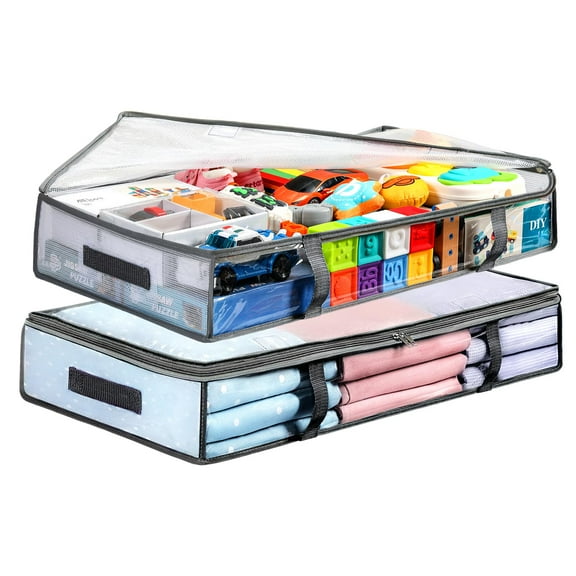 2 Pack Under Bed Storage Bins, Clear Plastic Organizer Containers for Clothes Blankets Pillows, Humid-Proof Underbed Storage with Handles, Bedroom Closet Organization, White