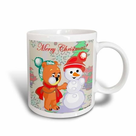 Ceramic Snowman - 3dRose Cute Bear and Snowman With Christmas Background and Text , Ceramic Mug, 11-ounce