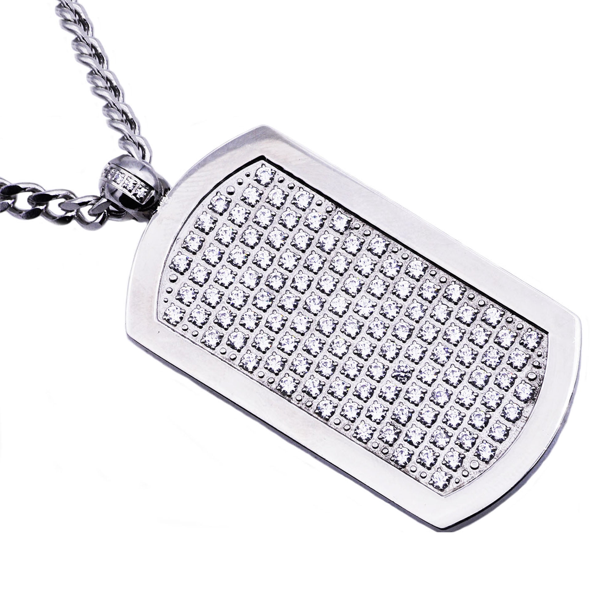 Arista Cubic Zirconia Diamonds Dog Tag Men's Pendant in Stainless Steel, 24"