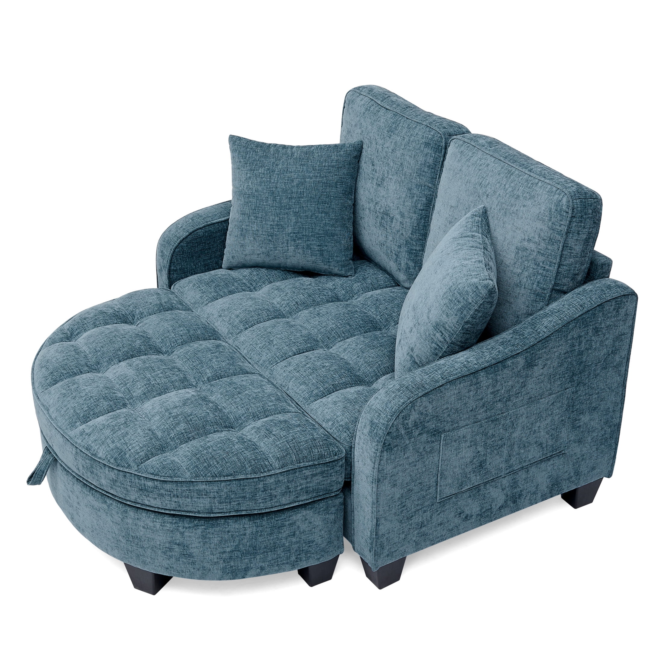 Noble House Rache 51" Upholstered Two-Seater Sofa, Double Chaise Longue with Storage Ottoman and Comfy Pillows, Blue
